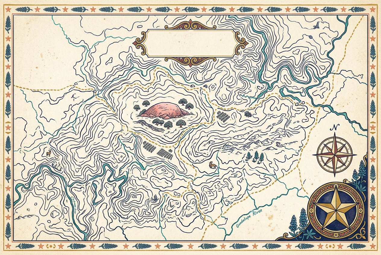 An illustrated topographic map of the Texas Hill Country with a scenic route and a lone star compass