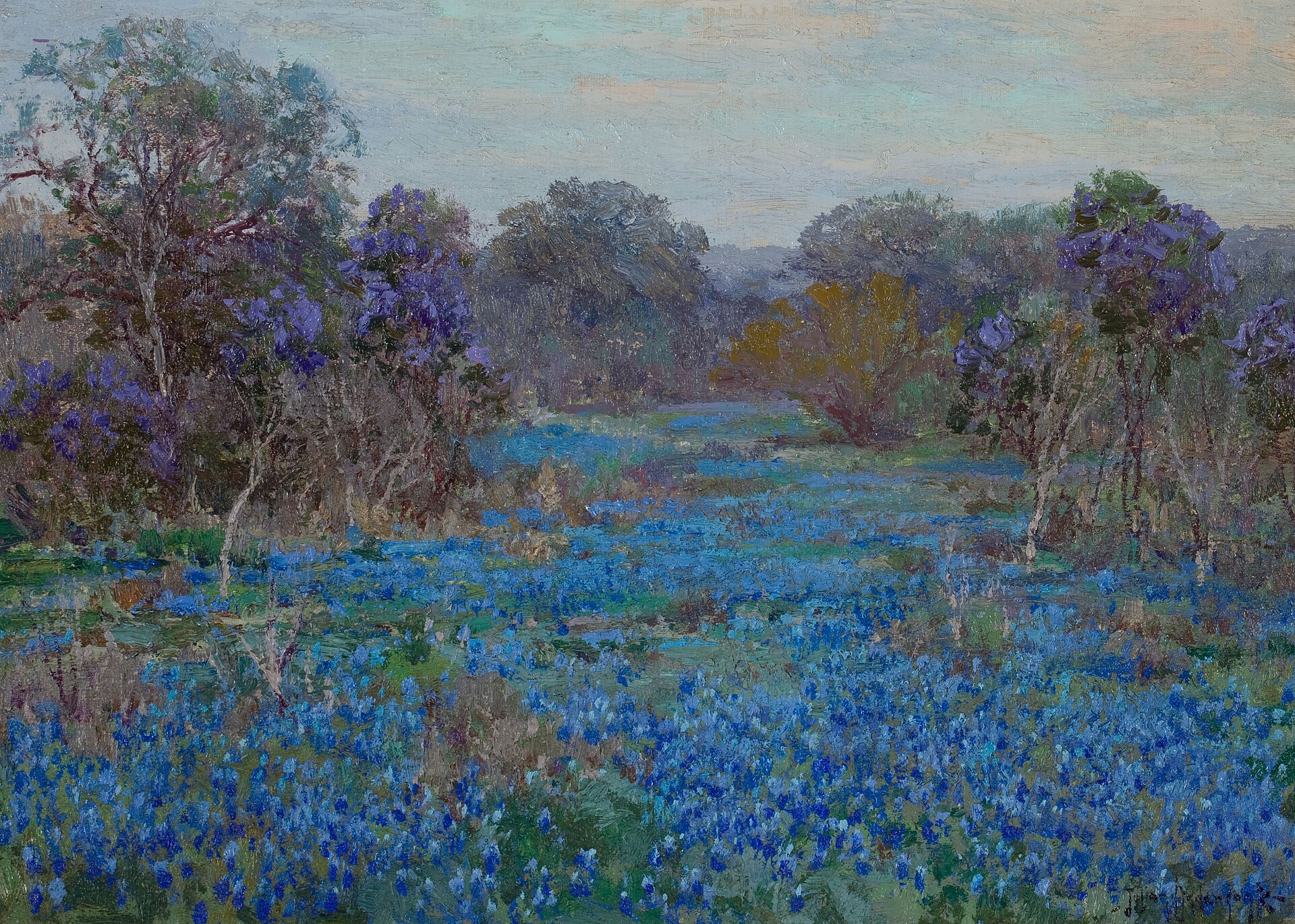 Field of Bluebonnets with Trees — a painting by Julian Onderdonk